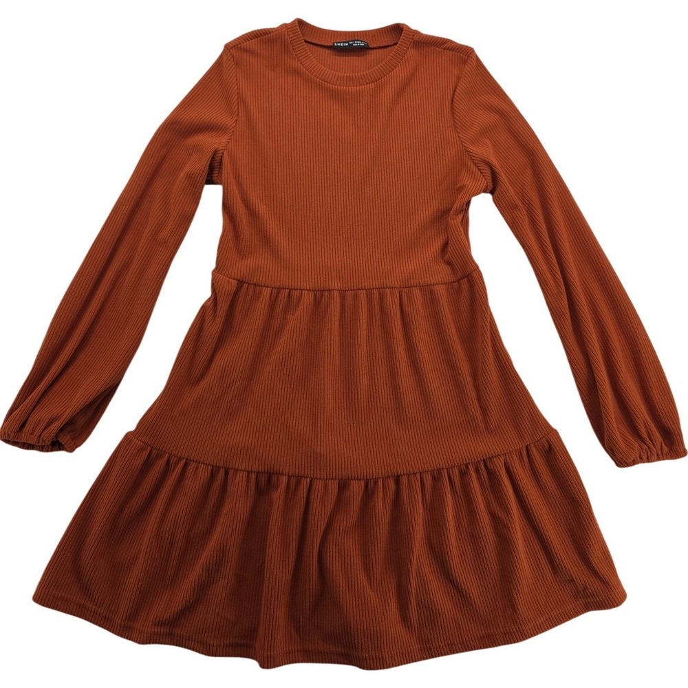 SHEIN Women's Ribbed Tiered Long Sleeve Dress Rust Orange Casual Ruffle Hem L